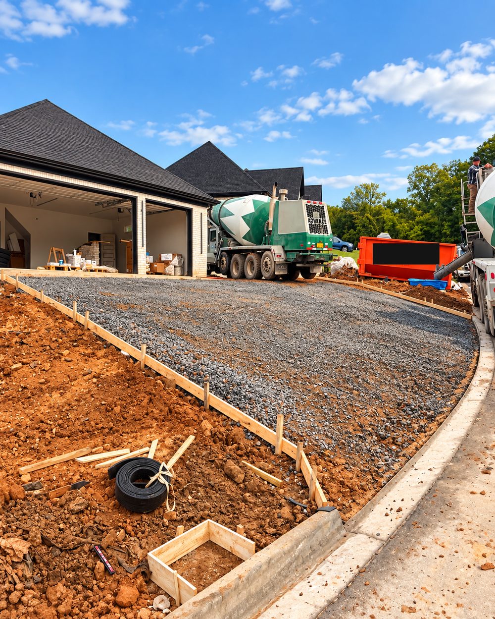 Gravel base and forms ready for a driveway pour